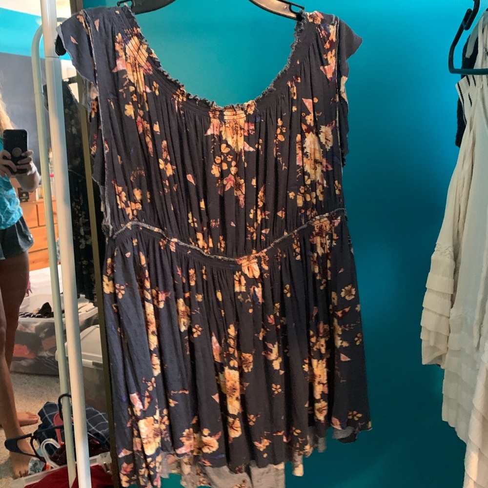 Off shoulder navy blue floral shirt